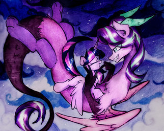 cloud duo female female/female feral flying horn night sky star starry_sky wings liaaqila friendship_is_magic hasbro my_little_pony mythology starlight_glimmer_(mlp) twilight_sparkle_(mlp) chimera draconequus equid equine mammal mythological_creature mythological_equine winged_unicorn hi_res