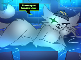 ambiguous_gender black_claws black_eyes black_nose blue_clothing blue_hat blue_headwear claws clothing computer_monitor cute_fangs detailed_background dialogue eye_scar facial_scar fangs finger_claws green_eyes grin hat hat_only headgear headgear_only headwear headwear_only looking_at_viewer lying mostly_nude on_side open_mouth scar smile speech_bubble talking_to_viewer teeth text text_on_clothing text_on_hat text_on_headwear nami955 cyber_action_team fbi domestic_cat felid feline felis mammal 4:3 english_text hi_res