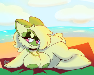 anthro beach big_breasts breasts eyelashes eyeshadow fangs female fur genitals green_body green_eyeshadow green_fur green_nipples looking_at_viewer lying makeup navel nipples nude nude_anthro nude_female outside pokemorph pseudo_hair public public_nudity red_eyes smile solo tail teeth thick_thighs vulva crystalstic nintendo pokemon liana_(crystalstic) generation_9_pokemon pokemon_(species) sprigatito 2025 digital_media_(artwork) hi_res