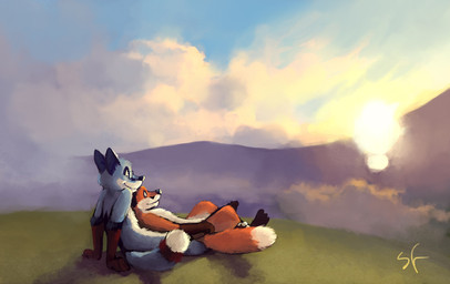 anthro cloud cuddling detailed_background dipstick_tail duo eyewear glasses high_place hill male markings mountain outside romantic romantic_ambiance romantic_couple sky sunset tail tail_markings civetstranj canid canine fox mammal signature
