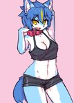 2019 anthro big_breasts black_clothing black_shirt black_tank_top black_topwear blue_body blue_fur blue_hair blush bottomwear breasts canid canine cleavage clothed clothing collar ear_tuft female female_anthro fox fur hair hotpants kemono looking_at_viewer mammal multicolored_body multicolored_fur nanahoshi_suzu ohakotome open_mouth pink_background raised_arm red_collar shirt shorts simple_background snout solo standing tank_top topwear tuft two_tone_body two_tone_fur vtuber white_body white_fur yellow_eyes
