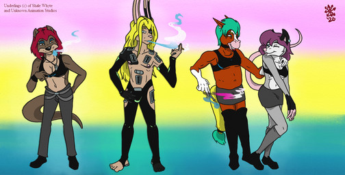 anthro blonde_hair blue_eyes blue_eyeshadow boots bottomwear breasts cigarette cigarette_holder cigarette_in_mouth cleavage clothed clothing colored_smoke cybernetics cyberpunk dyed_tail ear_piercing eyeshadow eyeshadow_makeup female flirting flirting_expression flirting_look flirting_with_viewer footwear fur genderfluid_pride_colors gesture green_hair hair hand_gesture highlights_(coloring) hiko_etermerimag_(underlings) holding_cigarette holding_object jewelry legwear lgbt_pride long_hair machine makeup male mature_anthro mature_female mela_prifyol_(underlings) middle_finger mottled mottled_body mottled_fur muscle_tone musclegut muscular necklace object_in_mouth pansexual pansexual_pride_colors piebald piebald_body piebald_fur piercing pride_colors pride_month_2026 purple_eyes purple_hair red_hair romantic romantic_couple shoes short_hair short_hair_with_long_locks shoulder_length_hair skirt slightly_chubby slim smoke smoke_from_mouth smoking smoking_cigarette socks sroan_prifyol_(underlings) tights transgender_pride_colors tugging_clothing achromatic_stallion lgbt_pride_month underlings_(unknown_animation_studios) lecine_eselwyd_(underlings) american_opossum cyborg equid equine horse lagomorph leporid mammal marsupial mustelid otter rabbit virginia_opossum genderfluid_(lore) nonbinary_(lore) trans_(lore) trans_man_(lore) trans_woman_(lore)