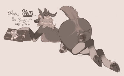 anthro anus breasts cloven_hooves eyes_closed female female_anthro genitals gift hooves humanoid_genitalia humanoid_vulva lying nude on_front open_mouth open_smile sex_toy side_view simple_background smile solo underhoof vibrator vulva seraphictiger deer mammal hi_res monochrome