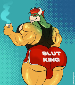 2_horns 4_fingers anthro back_muscles ball_bulge big_butt black_clothing black_shirt black_tank_top black_topwear bottomwear butt clothing coffee_mug container cup eyebrows fingers hair holding_container holding_cup holding_mug holding_object horn looking_back male mug muscular muscular_anthro muscular_male orange_hair profanity rear_view red_bottomwear red_clothing red_eyebrows red_hair red_shorts scales shirt shorts solo tank_top text text_on_bottomwear text_on_clothing text_on_shorts thick_thighs topwear yellow_body yellow_scales grumpyfloof mario_bros nintendo bowser koopa scalie 2026 absurd_res digital_drawing_(artwork) digital_media_(artwork) english_description english_text hi_res