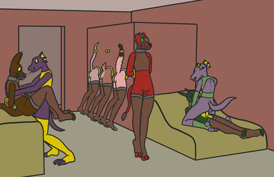 anthro arm_cuffs bdsm bridle brothel collar cowgirl_position female from_front_position glory_wall group group_sex hands_behind_back male male/female on_bottom on_top packmule penetration petplay ponyplay public public_sex rape_play roleplay sex simulation stirrup_legwear through_wall toeless_legwear vaginal vaginal_penetration trinitite mythology alban_(trinitite) ina_(trinitite) tory_(trinitite) ahuizotl badger dragon mammal mustelid musteline mythological_creature mythological_scalie purple_lizard_(trinitite) scalie