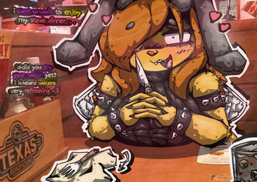 antennae_(anatomy) anthro big_breasts blush bracelet breasts clothed clothing date date_pov dialogue fangs female fur glistening glistening_body glowing hair holding_object jewelry knife looking_at_viewer murderer open_mouth roofies sleeveless_dress smile solo speech_bubble spiked_bracelet spikes tail teeth text topwear weapon wings yellow_body khalfy_kun texas_roadhouse rebekah_(khalfy_kun) arthropod bee hymenopteran insect absurd_res english_text hi_res meme
