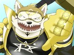 anthro clothing eyewear fur gesture goggles hand_gesture male ring sharp_teeth solo spandex superhero teeth thumbs_down tight_clothing yellow_body yellow_fur siroihigenokoi lifewonders live_a_hero procy canid canine canis domestic_dog mammal hi_res