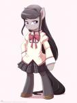 anthro biped black_hair bottomwear bow_(feature) bow_tie clothed clothing cosplay dress female footwear frown fur grey_body grey_fur hair long_hair purple_eyes school_uniform shoes simple_background skirt solo standing uniform white_background frankier77 friendship_is_magic hasbro my_little_pony puella_magi puella_magi_madoka_magica homura_akemi octavia_(mlp) earth_pony equid equine horse mammal pony crossover