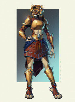 anthro armor blonde_hair brown_body brown_fur clothed clothing female front_view fur gradient_background hair mouth_closed simple_background solo standing white_body white_fur yellow_eyes marie_merkh felid mammal full-length_portrait hi_res portrait