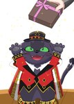 anthro black_body black_fur blush candy cape chocolate clothing dessert duo food fur green_body green_eyes green_scales hat headgear headwear holidays male scales top_hat inugamihito lifewonders tokyo_afterschool_summoners valentine's_day cait_sith_(tas) domestic_cat felid feline felis human mammal hi_res