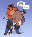 abdominal_stretch anthro armband belly belly_rub bite biting_lip biting_own_lip body_hair breath chest_hair claws clothed clothing dialogue duo flirting floppy_ears footprint footwear hooves knee_pads legwear male male/male mastectomy_scar multicolored_body musclegut muscular nipples pawprint pawprint_tattoo pecs plantigrade pointy_ears restrained scar self_bite smile smiling_at_another speech_bubble struggling tail tattoo text tights toeless_footwear topless tusks two_tone_body wiggle wrestler wrestling wrestling_outfit wristband angelofalls conditional_dnp angelo_(angelofalls) poncho_(boar_on_board) canid canine canis domestic_dog mammal pitador suid suine sus_(pig) wild_boar 2025 artist_name digital_drawing_(artwork) digital_media_(artwork) english_text hi_res male_(lore) trans_(lore) trans_man_(lore)