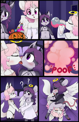 3_toes anthro anut balls barefoot bikini blush bodily_fluids butt candy clothed clothing collar costume cunnilingus dessert duo ear_piercing erection feathered_wings feathers feet fellatio female food freckles french_kissing fur genital_fluids genitals hair halloween_costume halo holidays horn jack-o'-lantern kissing male male/female male_penetrating multicolored_body navel nude open_mouth oral oral_penetration pawpads paws penetration penile penis piercing pink_eyes purple_eyes saliva saliva_string sex simple_background smile soles species_transformation swimwear tail text toes tongue transformation two-piece_swimsuit vaginal vulva white_body white_fur wings young young_anthro e-01 halloween angel canid canine demon fox mammal mouse murid murine rodent absurd_res comic digital_media_(artwork) english_text hi_res