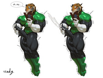 anthro big_penis black_body black_fur black_latex blue_eyes blush bodily_fluids bodysuit book clothed clothed_anthro clothed_male clothing condom_suit cum cumshot ejaculation erection floating fur genital_fluids genitals green_latex holding_book holding_object latex latex_bodysuit latex_clothing latex_skinsuit male masturbation multicolored_body multicolored_bodysuit multicolored_clothing multicolored_fur multicolored_skinsuit muscular muscular_anthro muscular_male orange_body orange_fur penile penile_masturbation penis shaking skinsuit solo sweat tan_body tan_fur tight_clothing trembling white_latex cxcxxcxxxx green_lantern_(series) felid mammal pantherine tiger 2025 absurd_res hi_res