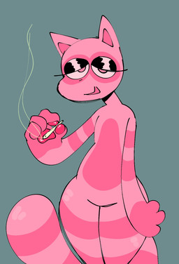anthro black_eyeshadow black_nose drugs eye_markings eyelashes eyeshadow fur grey_background half-closed_eyes holding_blunt long_tail looking_at_viewer makeup male marijuana markings narrowed_eyes open_mouth open_smile pawpads paws pink_body pink_ears pink_eyes pink_fur pink_inner_ear pink_markings pink_mouth pink_pawpads pink_paws pink_sclera simple_background small_nose smile smoke smoking smoking_marijuana solo striped_arms striped_body striped_fur striped_legs striped_markings striped_tail stripes tail tail_markings thick_thighs tnfdarent pink_(character) canid canine mammal raccoon_dog tanuki 2023 digital_drawing_(artwork) digital_media_(artwork) hi_res