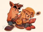 2017 4_fingers activision annoyed anthro bandicoot black_nose blonde_hair bottomwear brother_(lore) brother_and_sister_(lore) brush clothed clothing coco_bandicoot computer crash_bandicoot crash_bandicoot_(series) duo electronics eyebrows eyelashes female fingerless_gloves fingers footwear fully_clothed gloves hair hairbrush handwear holding_object laptop long_hair male mammal marsupial overalls pants shira-hedgie shoes sibling_(lore) sister_(lore) sitting smile