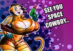 anthro big_breasts breasts clothed clothing cosplay female gloves handwear midriff one_eye_closed pattern_background simple_background solo text weapon wink dirtylustydan cowboy_bebop super_fuck_friends faye_valentine monique_pussycat domestic_cat felid feline felis mammal 2019 absurd_res digital_media_(artwork) english_text hi_res watermark