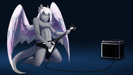 anthro electric_guitar feathered_wings feathers guitar kneeling male musical_instrument nude playing_guitar playing_music plucked_string_instrument solo string_instrument tail wings jailbird mythology dragon feathered_dragon feathered_scalie mythological_creature mythological_scalie scalie digital_media_(artwork) shaded
