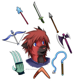 anthro arrow_(weapon) axe blue_eyes boomerang bow_(weapon) claws male melee_weapon pike_(weapon) polearm ranged_weapon simple_background solo spear sword weapon whip white_background kiwi_roxas mana_(series) secret_of_mana square_enix rydian canid canine mammal