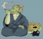 aged_down anthro asian_clothing beard blush clothing duo east_asian_clothing eyes_closed facial_hair japanese_clothing male nose_steam simple_background smoke smoking smoking_pipe tail young yukata mamaito morenatsu mythology tappei_(morenatsu) tatsuki_(morenatsu) dragon mythological_creature mythological_scalie scalie 2016 father_(lore) father_and_child_(lore) father_and_son_(lore) parent_(lore) parent_and_child_(lore) parent_and_son_(lore) son_(lore)