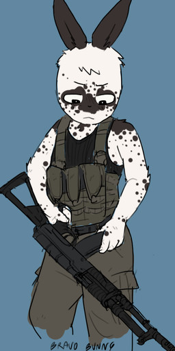 anthro blue_background brown_body brown_clothing brown_fur brown_overalls brown_spots clothed clothed_male clothing fur gun holding_gun holding_object holding_ranged_weapon holding_weapon male military_uniform overalls plate_carrier ranged_weapon simple_background solo spots uniform weapon white_body white_fur bravobunny lagomorph leporid mammal rabbit hi_res portrait three-quarter_portrait