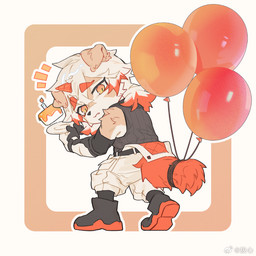 anthro balloon black_clothing black_shirt black_tank_top black_topwear boots bottomwear cake chibi clothing dessert food footwear fur gloves hair handwear horn inflatable long_hair male multicolored_body multicolored_fur multicolored_hair orange_hair orange_tail pants plate shirt shoes solo tail tan_body tan_fur tank_top topwear two_tone_body two_tone_fur two_tone_hair white_body white_fur yellow_eyes yume_mitaatode arknights hypergryph studio_montagne hung_(arknights) canid canine canis domestic_dog mammal 1:1