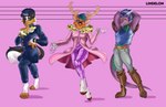 anthro antlers barefoot boots bottomwear clothed clothing cosplay crown digitigrade feet footwear group hair headgear horn male one_eye_closed pants pattern_background pink_background pompadour pose shoes shoulder_pads simple_background tail trio wink 100racs jojo's_bizarre_adventure mythology funny_valentine jonathan_joestar josuke_higashikata pinereese saturdaii_(fauxcroft) border_collie canid canine canis collie deer domestic_dog dragon herding_dog mammal mythological_creature mythological_scalie new_world_deer pastoral_dog reindeer scalie sheepdog absurd_res hi_res