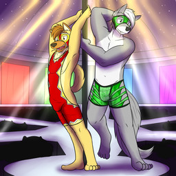 anthro bulge clothed clothing duo feet humanoid_feet inside male mask plantigrade pole shirt strip_club stripper stripper_pole topless topwear wrestling_singlet fuze fuzeyeen jadefire canid canine canis hyena mammal spotted_hyena wolf 1:1 hi_res