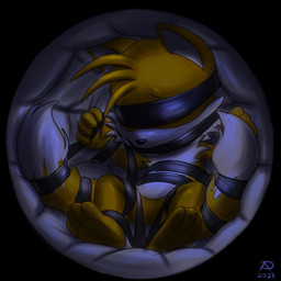 arms_tied bdsm blindfold bondage bound container_bondage feet fur gag hands_tied legs_tied male orange_body orange_fur padded_room sensory_deprivation solo tail tail_tied young radasus sega sonic_the_hedgehog_(series) miles_prower canid canine fox mammal 1:1 hi_res