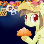 bread female flower food holidays mexico orange_flower pan_de_muerto pink_flower plant smile solo yellow_flower archooves day_of_the_dead hasbro my_little_pony fan_character tailcoatl equid equine horse mammal pony 1:1 hi_res