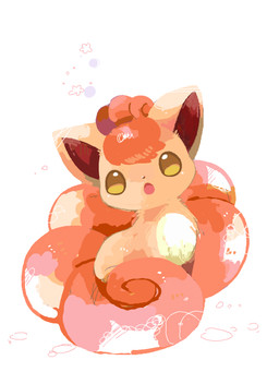 ambiguous_gender brown_inner_ear chibi curled_tail feral flower fur hair looking_at_viewer markings multi_tail open_mouth orange_body orange_fur orange_hair orange_tail plant simple_background sitting solo tail tan_body tan_fur white_background white_body white_fur white_markings yellow_eyes michi_runi nintendo pokemon canid canine generation_1_pokemon mammal pokemon_(species) vulpix 3:4