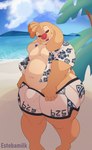 5_fingers aloha_shirt anthro anthrofied barefoot beach bedroom_eyes big_ears biped buckteeth bulge clothed clothing day detailed_bulge feet fingers genital_outline genitals head_tilt humanoid_hands looking_at_viewer male narrowed_eyes obese obese_anthro obese_male open_clothing open_mouth open_shirt open_smile open_topwear outside overweight overweight_anthro overweight_male palm_frond pattern_clothing pattern_shirt pattern_topwear penis penis_base penis_outline red_nose seaside seductive shirt small_tail smile solo tail teeth topwear estebamilk disney lilo_and_stitch reuben_(lilo_and_stitch) alien experiment_(lilo_and_stitch) 2022 digital_media_(artwork) hi_res