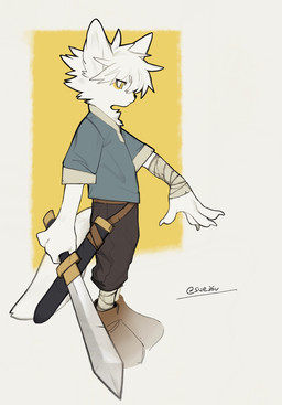 4_fingers anthro bandage bandaged_arm biped blue_clothing blue_shirt blue_topwear clothed clothed_anthro clothing extended_arm fingers footwear fully_clothed fully_clothed_anthro fur hair holding_object holding_weapon male male_anthro melee_weapon mouth_closed neutral_expression scabbard shirt shoes simple_background solo sword tail topwear weapon white_body white_fur sue36v canid mammal hi_res signature