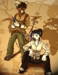 anthro black_hair brown_hair duo female green_eyes gun hair handgun horn looking_at_viewer male map pistol ranged_weapon stripes weapon fox-die naughty_dog sony_corporation sony_interactive_entertainment uncharted bighorn_sheep bovid caprine equid equine mammal sheep zebra