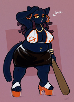 anthro baseball_bat bat_(object) belly big_breasts bimbofication blue_body blue_fur bottomwear bra breasts cleavage clothed clothing curvy_figure dialogue dreadlocks ear_piercing ear_ring eyeshadow female footwear fur high_heels huge_breasts looking_at_viewer makeup navel navel_piercing partially_clothed piercing platform_footwear platform_heels red_eyes ring_piercing shoes simple_background skirt slightly_chubby slightly_chubby_female solo standing talking_to_viewer text thick_thighs underwear voluptuous wide_hips latchk3y night_in_the_woods mae_borowski domestic_cat felid feline felis mammal 2023 english_text hi_res