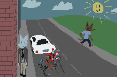 anthro blood blue_sky bodily_fluids bottomwear brick_wall brown_body brown_clothing brown_fur brown_shirt brown_topwear car clothed clothed_male clothing corpse day death fur gore grass group male pants plant road roadkill shirt sky smile sun tan_bottomwear tan_clothing tan_pants topwear trio vehicle walking wall_(structure) demensa emil_(demensa) canid canine canis coyote domestic_dog hybrid mammal 2019 digital_media_(artwork) pixel_(artwork)