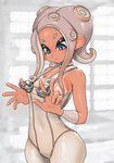 blue_eyes breasts choker clothed clothing dark_body dark_skin eyelashes female front_view grey_hair hair jewelry navel_outline necklace overalls pseudo_hair solo suntan tan_line tentacle_hair tentacles white_clothing white_overalls wide_hips koharuno2 nintendo splatoon agent_8_(splatoon) animal_humanoid cephalopod cephalopod_humanoid humanoid marine marine_humanoid mollusk mollusk_humanoid octarian octoling octopus_humanoid hi_res