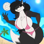 abs anthro beach bent_over big_breasts bikini black_body black_fur black_hair breasts brown_body brown_fur chest_tuft clothing curvy_figure detailed_background eyelashes female fingers fur hair hand_on_hip hourglass_figure huge_breasts inner_ear_fluff long_hair multicolored_body multicolored_fur muscular muscular_anthro muscular_female outside polka_dot_bikini red_eyes scar sea seaside smile solo sport standing swimwear teeth thick_thighs tuft two-piece_swimsuit volleyball voluptuous water white_body white_fur wide_hips tacticalfur canid canine canis mammal wolf 1:1 2021 digital_media_(artwork) hi_res