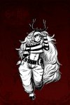 antlers belly belt bottomwear clothed clothing crop_top eyeshadow female freckles hair hooves horn light_body light_skin long_hair makeup pants pattern_clothing red_background shirt simple_background solo striped_clothing stripes thong thong_straps topwear underwear zerospanda freya_agalith faun humanoid mammal satyr 2:3 absurd_res black_and_white hi_res monochrome sketch