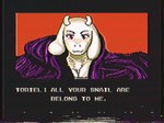 2023 4:3 anthro boss_monster_(undertale) bovid breasts caprine chest_tuft cleavage clothed clothing dialogue english_text engrish female fur goat hi_res horn komm64 mammal parody red_eyes solo text toriel tuft undertale_(series) white_body white_fur zero_wing
