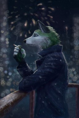 anthro balcony black_ears black_nose bokeh cigarette city cityscape claws clothing coat cold fireworks fur green_body green_eyes green_fur holidays inner_ear_fluff male night pawpads rim_light sad smoke_cloud smoking snow snowfall snowing solo standing topwear tuft white_body white_fur white_inner_ear_fluff winter winter_coat evk christmas new_year canid canine canis hybrid mammal wolf wolfdog hi_res