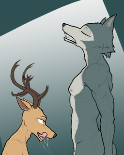 after_fellatio after_oral after_sex anthro antlers areola bodily_fluids duo eyes_closed fur grey_body grey_fur horn licking licking_lips licking_own_lips male male/male nipples nude open_mouth pecs saliva saliva_string self_lick simple_background standing teeth tongue tongue_out wulfruna beastars legoshi_(beastars) louis_(beastars) canid canine canis cervine deer mammal red_deer wolf digital_media_(artwork) hi_res