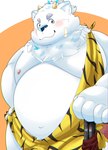 anthro band-aid bandage belly big_belly blush bulge clothed clothing fur kemono male moobs nipples overweight overweight_male simple_background solo white_body white_fur tolsche lifewonders live_a_hero setsubun yohack canid canine canis domestic_dog mammal 2024 hi_res