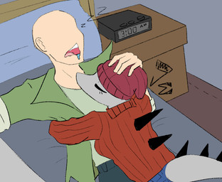 alarm_clock anthro back_spikes bald beanie bed bedroom bodily_fluids bottomwear clock clothing cuddling denim denim_bottomwear denim_clothing detailed_background drooling duo eyes_closed female female_on_human furniture green_clothing green_jacket green_topwear grey_body grey_scales hat headgear headwear human_on_anthro interspecies jacket jeans light-skinned_male light_body light_skin long_tail male male/female male_on_anthro on_bed pants red_beanie red_clothing red_hat red_headwear red_sweater red_topwear saliva scales sleeping snout sound_effects spiked_tail spikes spikes_(anatomy) sweater tail topwear vowelless vowelless_sound_effect zzz jacket_ignites third-party_edit cavemanon_studios snoot_game anon_(snoot_game) erin_(snoot_game) dinosaur human mammal prehistoric_species reptile scalie 2024 color_edit colored digital_drawing_(artwork) digital_media_(artwork) hi_res watermark