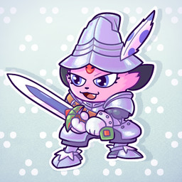 ambiguous_gender anthro armor clothing cosplay feathers fur gauntlets gloves handwear headgear helmet jewelry knight male melee_weapon pink_body pink_fur plate_armor purple_eyes solo sticker sword warrior weapon perceval_robin final_fantasy final_fantasy_ix nintendo pokemon square_enix adelbert_steiner fan_character kerolink generation_4_pokemon pokemon_(species) weavile 1:1 digital_media_(artwork) full-length_portrait portrait