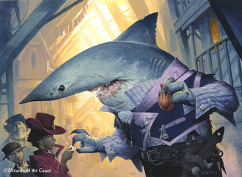 anthro beard belt blue_clothing building clothing facial_hair fin gills grey_body group hat headgear headwear holding_bag holster male open_mouth outside red_clothing sharp_teeth shirt teeth topwear wayne_reynolds hasbro magic:_the_gathering wizards_of_the_coast fish human mammal marine shark 2023 official_art traditional_media_(artwork)