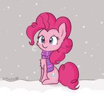 breath clothing cutie_mark female feral fur grey_background hair pattern_clothing pattern_scarf pink_body pink_fur pink_hair pink_tail purple_scarf scarf simple_background sitting snow snowflake snowing solo striped_clothing striped_scarf stripes tail dsp2003 tjpones friendship_is_magic hasbro my_little_pony pinkie_pie_(mlp) earth_pony equid equine horse mammal pony 2015 artist_collaboration digital_drawing_(artwork) digital_media_(artwork) signature