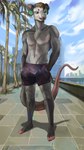 abs anthro beach black_body black_fur brown_eyes brown_hair butt city ear_piercing ears_up facial_piercing fur grey_body grey_fur hair male morning muscular muscular_anthro muscular_male nose_piercing palm_tree piercing pink_body pink_fur plant sea seaside solo tree walking water white_body white_fur levsha 4k 9:16 absurd_res digital_media_(artwork) hi_res