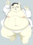 anthro belly black_hair blush bottomless briefs bulge clothed clothing coat coat_only fur hair lab_coat lying male moobs mostly_nude navel nipples on_back overweight overweight_male solo tighty_whities topwear topwear_only underwear white_body white_briefs white_clothing white_fur white_underwear kemoduelist cyberconnect2 fuga:_melodies_of_steel little_tail_bronx doktor_blutwurst domestic_cat felid feline felineko felis mammal 3:4 hi_res