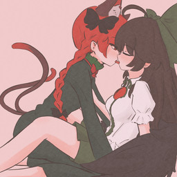 2_tails 4_ears black_wings bodily_fluids bottomwear braided_hair breasts brown_hair clothed clothed_female clothed_humanoid clothing dress duo eyes_closed female female/female french_kissing green_bottomwear green_clothing green_dress green_skirt hair kissing multi_ear multi_tail pigtails red_eyes red_hair saliva shirt skirt tail tongue tongue_out topwear twin_braids twintails_(hairstyle) white_clothing white_shirt white_topwear wings kokowoch asian_mythology east_asian_mythology japanese_mythology mythology touhou rin_kaenbyou utsuho_reiuji animal_humanoid avian avian_humanoid cat_humanoid felid felid_humanoid feline feline_humanoid humanoid mammal mammal_humanoid nekomata winged_humanoid yokai 1:1 hi_res