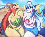 anthro big_breasts bikini biped blue_tail breasts clothed clothing cute_fangs detailed_background duo fangs female freckles fur green_eyes multicolored_tail open_mouth open_smile red_body red_fur skimpy smile swimwear tail tan_body teeth tongue two-piece_swimsuit white_body snackbunnii nintendo pokemon mila_(snackbunnii) eeveelution generation_1_pokemon generation_3_pokemon milotic pokemon_(species) vaporeon hi_res
